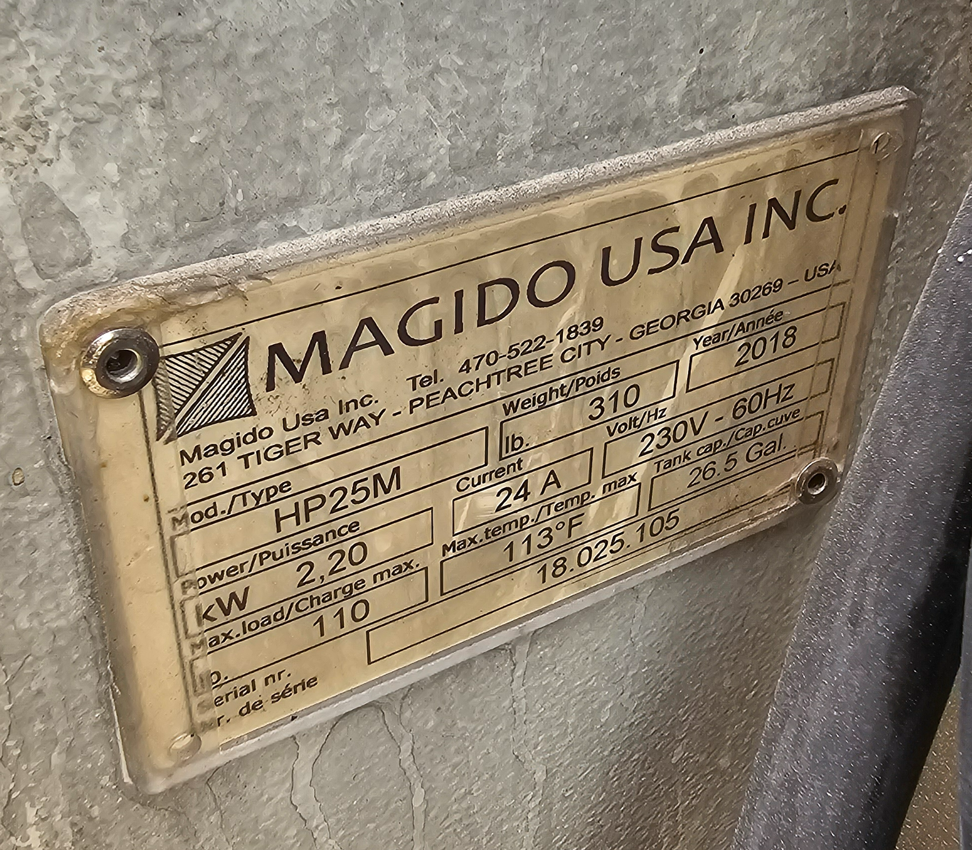 Used 2018 Magido HP25M 304 Stainless High-Pressure Heated Parts Washer, 870 PSI, 220V