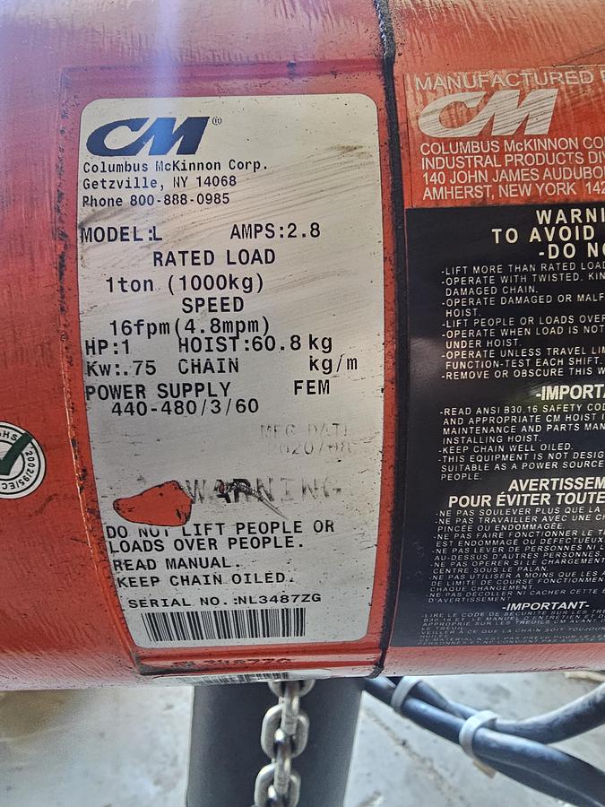 Used 1 Ton Lodestar VS Electric Chain Hoist Model L, 16 FPM Lift Speed, 440-480V 3 Phase