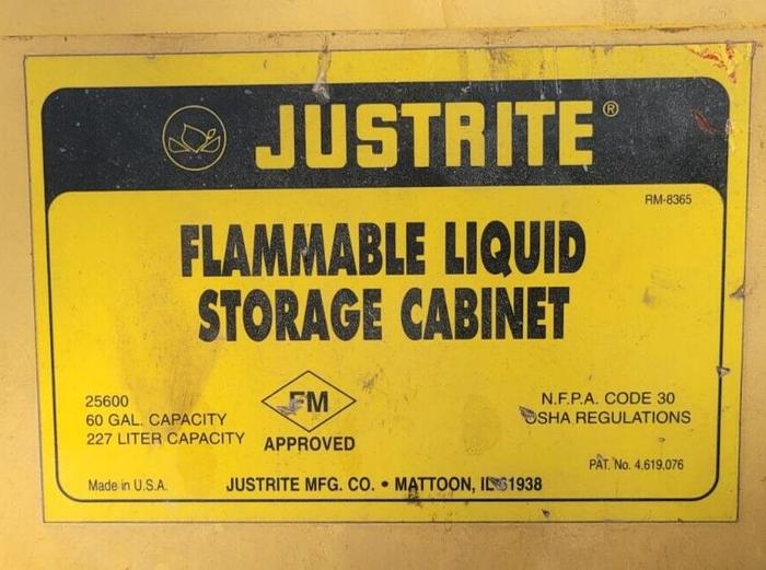 Used Justrite 25600 2-Door Hazardous Fireproof Cabinet 60 Gallon 34'' x 34'' x 65''