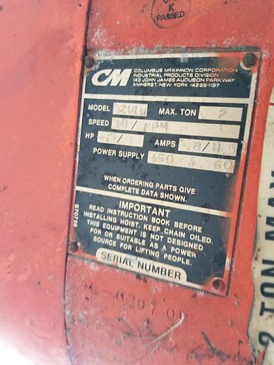 Used 2 Ton CM #5201H Lodestar XL Electric Chain Hoist 460V-3-60, 15′ Lift – 18 FPM