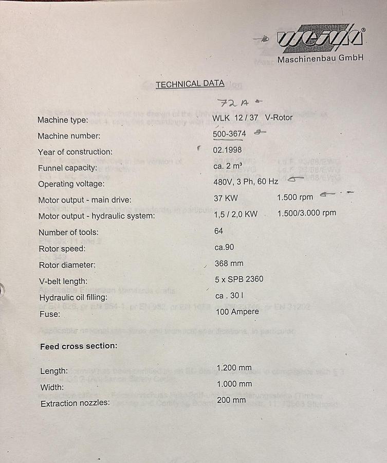 Used Weima WLK 12/37 V-Roter Single Shaft Shredder