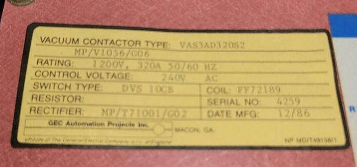 Used GEC Automation Projects VAS3AD320S2 Cegelec Automation Mini Vaccum Contactor