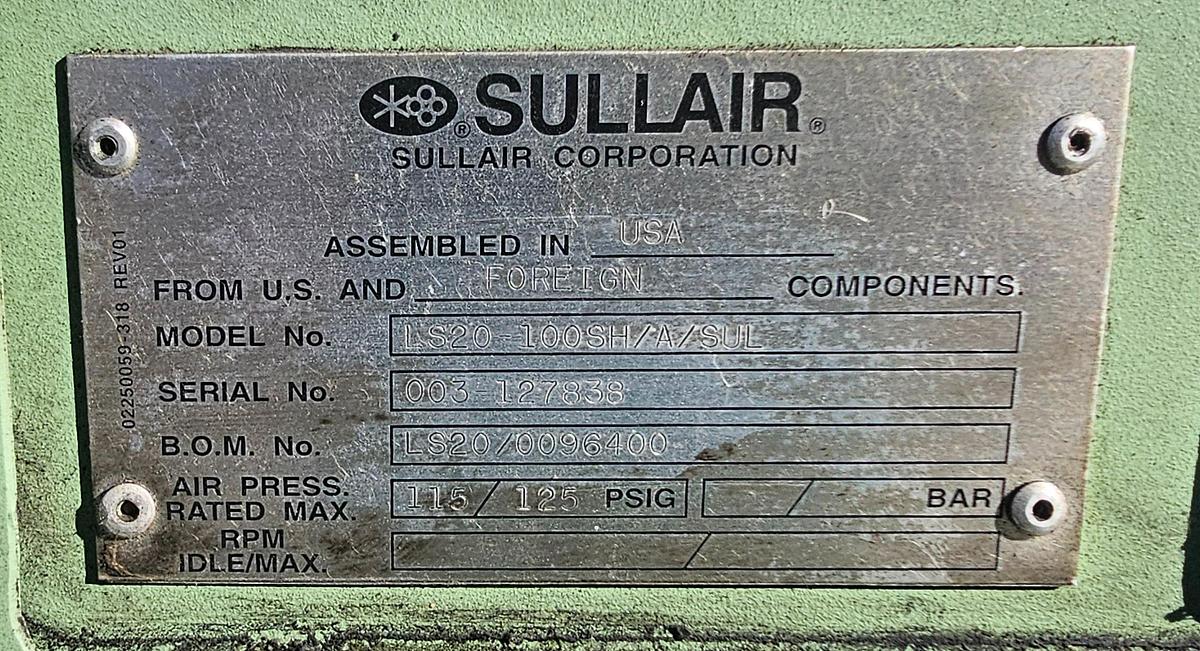 Used 2002 Sullair LS20-100SH 100 HP Heavy Duty Rotary Screw Air Compressor - 460 CFM @ 125 PSI