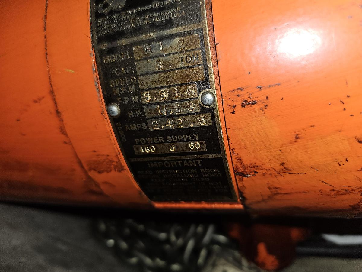 Used CM Lodestar Model RT-2 3 Ton Electric Chain Hoist 10' Lift 5.5/1.6 FPM 460V 3Ph