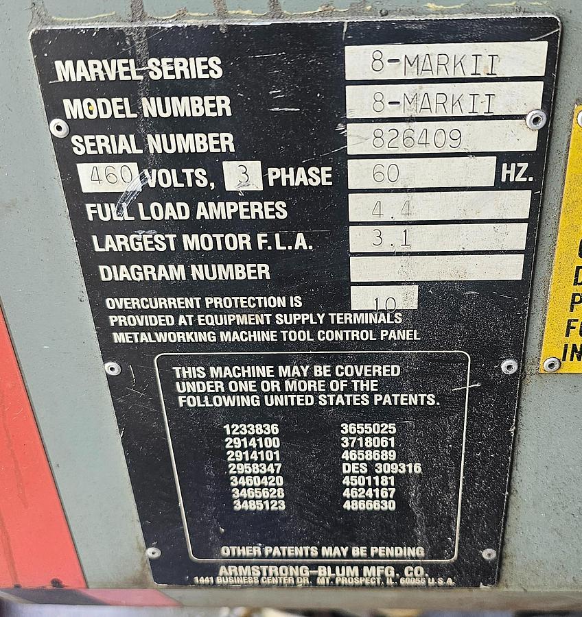 Used 1995 Marvel Series 8 Mark II Vertical Tilt Frame Bandsaw 18" x 22" Capacity