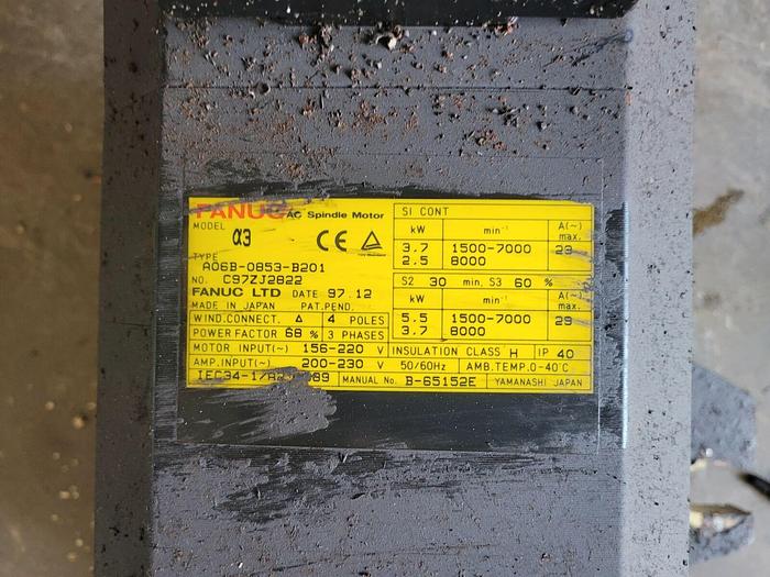 Used Fanuc a3 AC Spindle Motor, A06B-0853-B201, 3.7/5.5 kW, 1500-8000 RPM