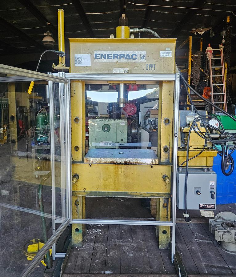Used 50 Ton Enerpac Electric Over Hydraulic H-Frame Shop Press with Interchangeable Bits