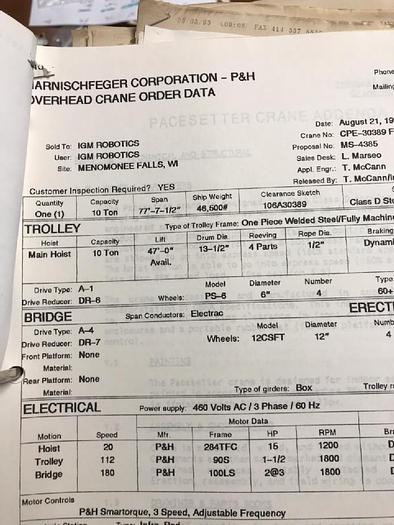 Used 10 Ton P&H Pacesetter Top Running Overhead Bridge Crane 77'-7.5" Span w/47' Lift