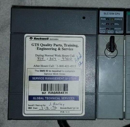 Used Allen-Bradley 1746-A10 Slot Rack w/1746-P4 Ser A Power Supply, SLC-500 CPU w/Key