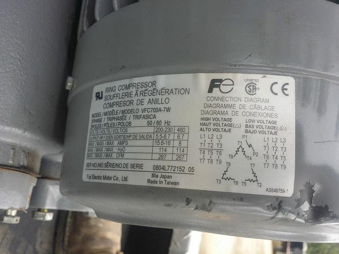 Used 6.7 HP. Fuji Electric Ring Compressor 267 CFM MDL#: VFC700A-7W