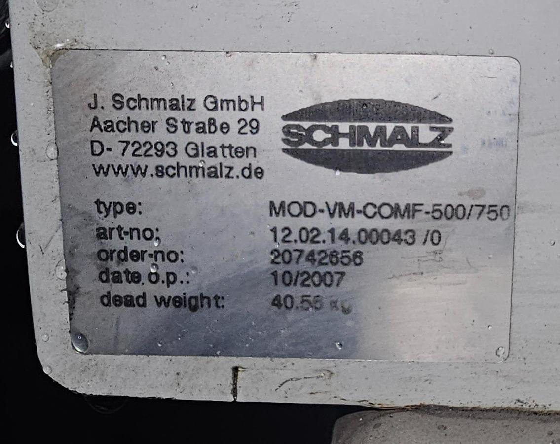 Used 500 Kg Schmalz MOD-VM-COMF-500/750 8-Cup Vacuum Lifter & Electric Chain Hoist