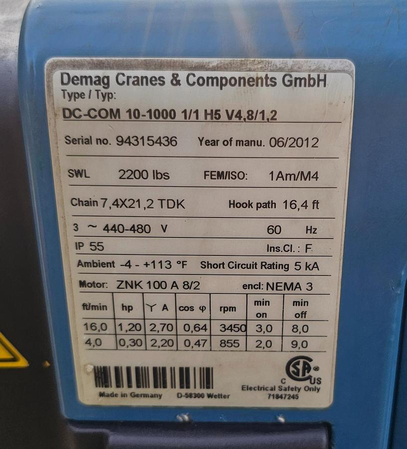 Used 1 Ton Demag DC-COM 10-1000 Electric Chain Hoist, 17' Lift 440-480V, 3 ph