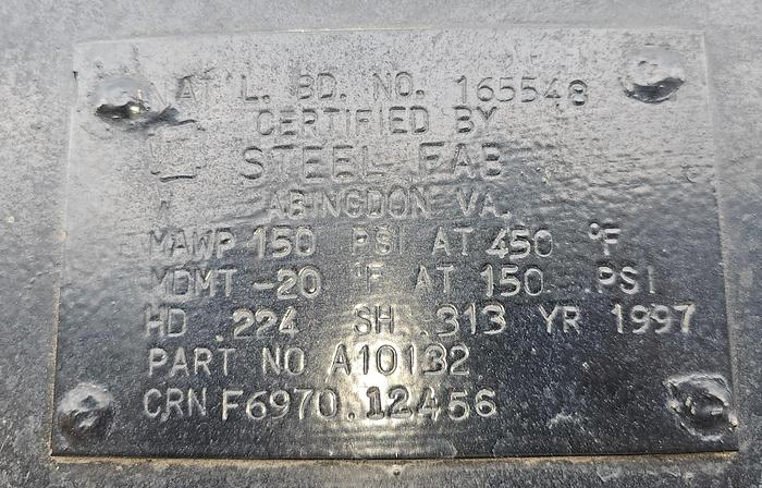 Used 1060 Gallon Steel Fab Industrial Vertical Compressed Air Tank 150 Psi @ 450*F