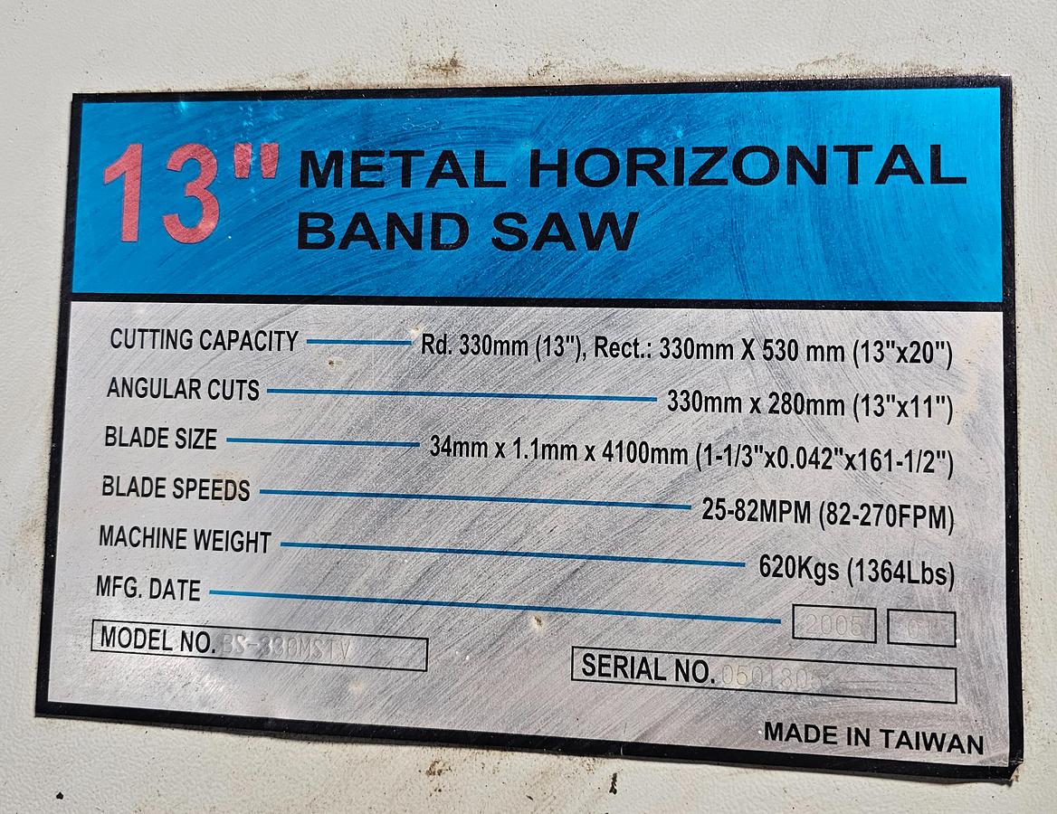 Used 2005 Bailiegh Industrial 13'' x 20'' BS-330MSTV Horizontal Bandsaw & Conveyor