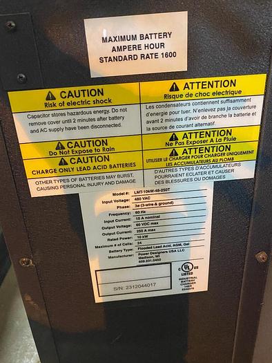 Used Power Designers 48V Industrial Battery Charger LMT-10kW-48-250T