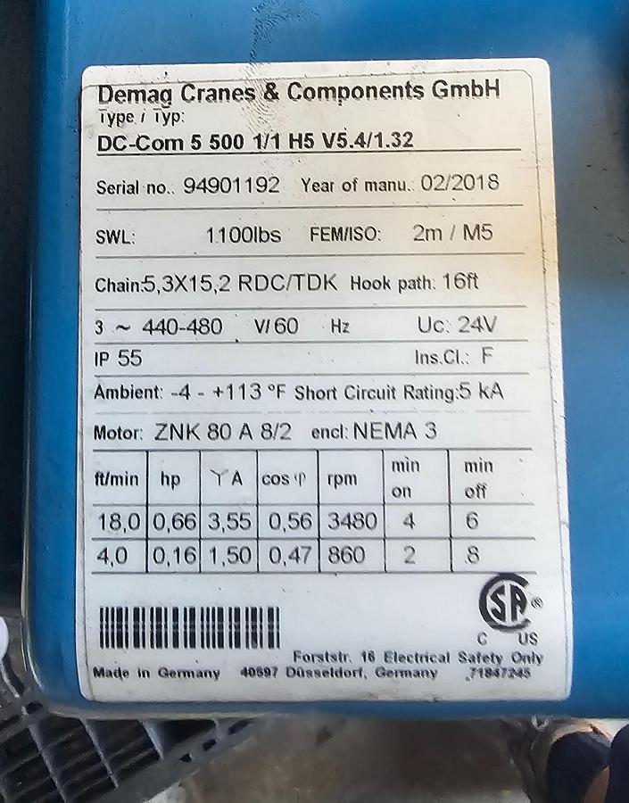 Used 1100# Demag DC-COM 5 500 1/1 H5 Overhead Electric Chain Hoist & Parts Hoist 