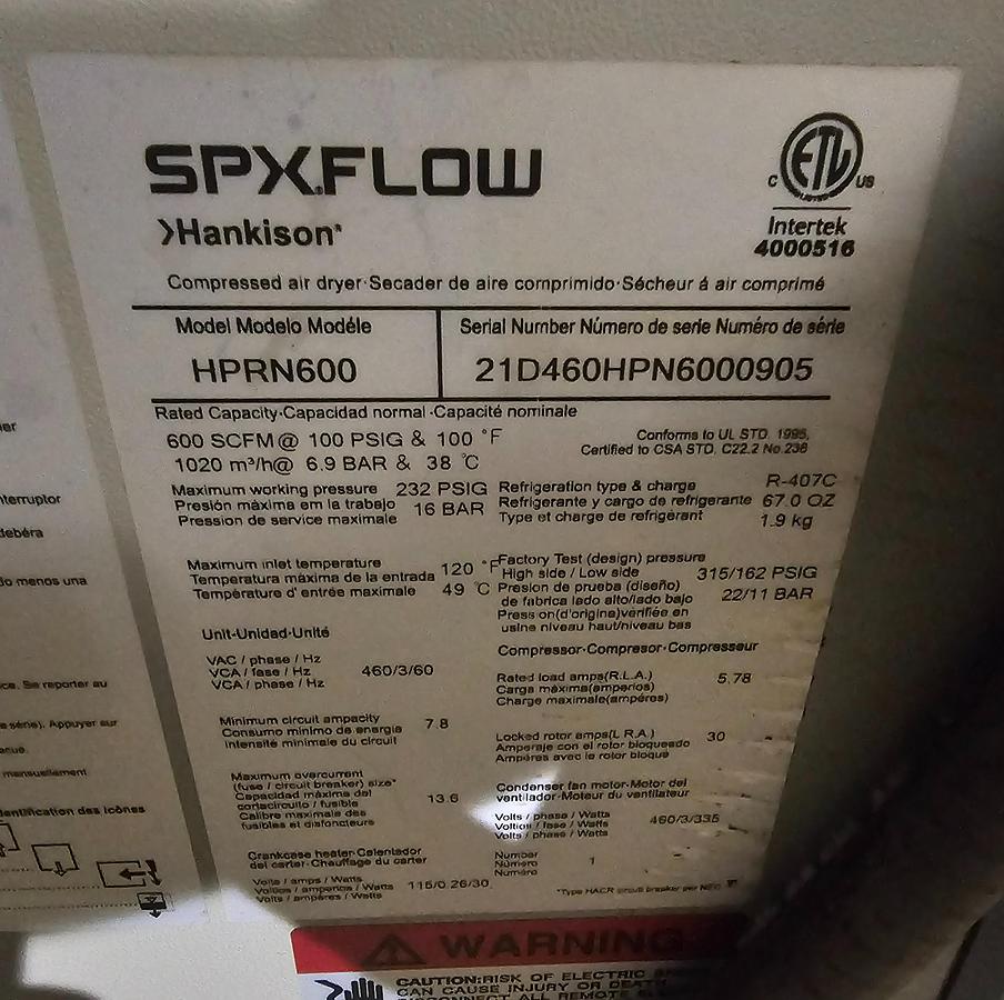 Used 600 SCFM Hankison SPX Flow HPRN600 Refrigerated Air Cooled Dryer