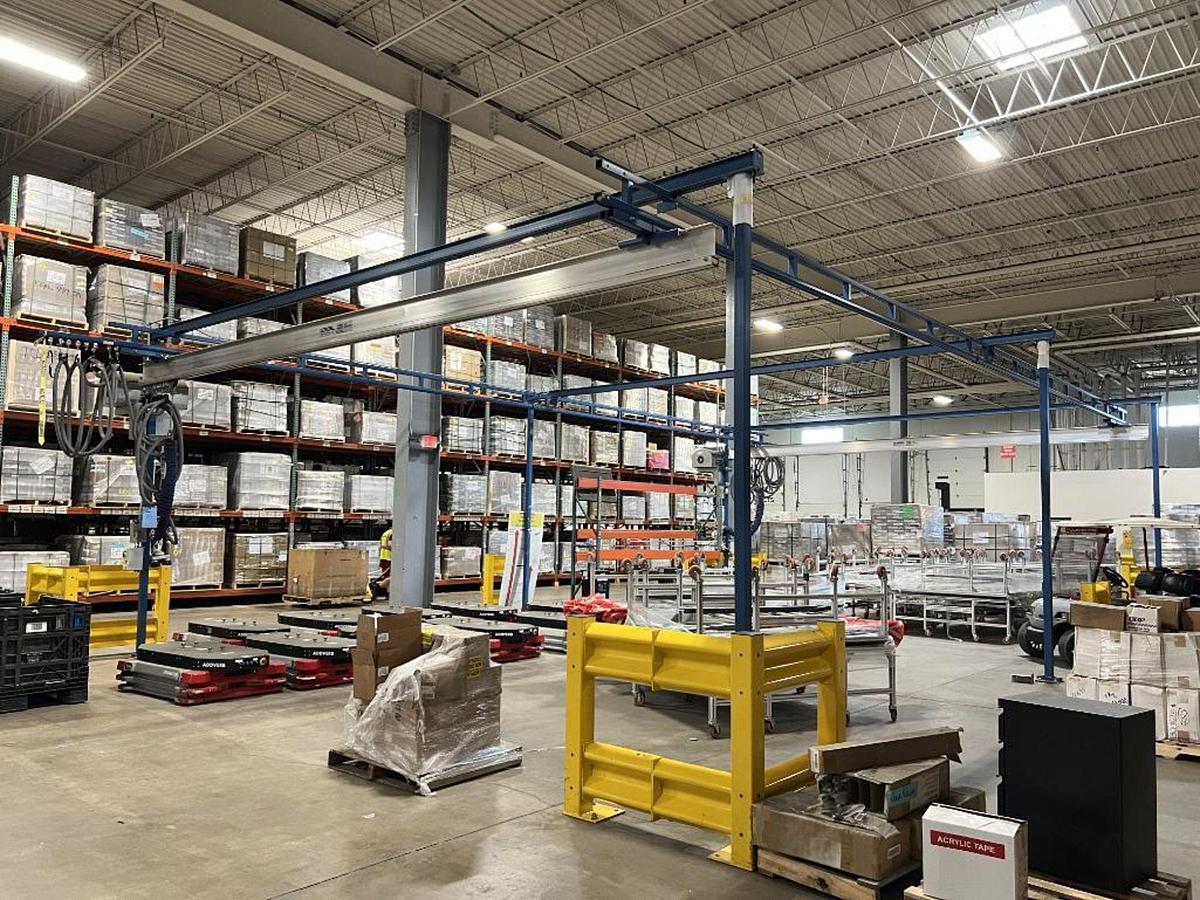 Used 250# Gorbel Twin Bridge Freestanding Crane 26' Span x 45' Runway w/ Schmalz 50 Kg Vacuum Lift Systems 