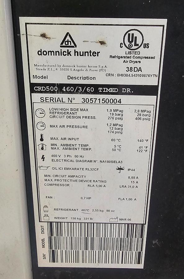 Used 2006 Domnick Hunter CRD500 Refrigerated Compressed Air Dryer | 300 SCFM 