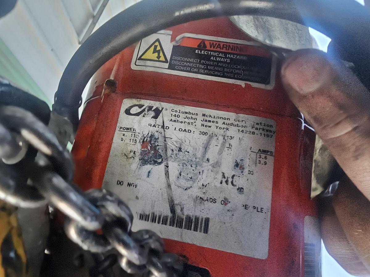 Used Gorbel 250# 1/8 Ton Freestanding Modular Jib Crane 10' Under Beam x 100" Arm & CM Shopstar 300# Hoist