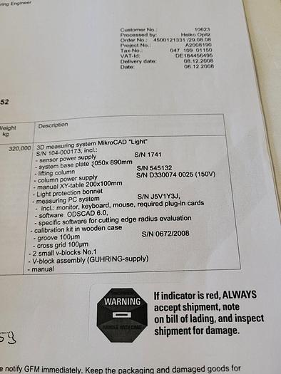 Used 2008 GFMesstechnik GmbH MikroCAD 3D Light Scanner 2.4 x 1.8 115V Single Phase