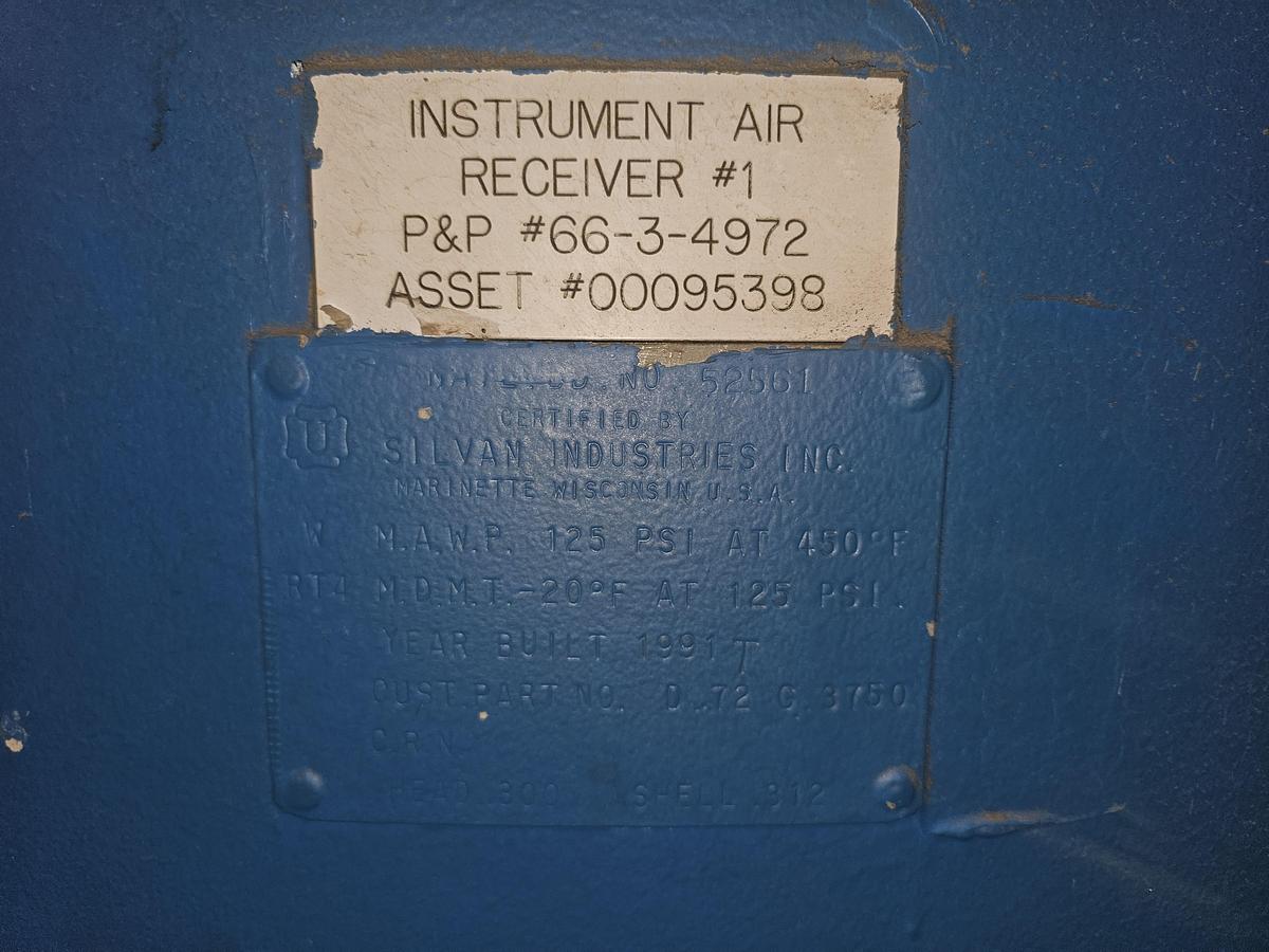 Used Silvan Industries 3750 Gallon Vertical Compressed Air Receiver Tank 125 Psi @ 450*F