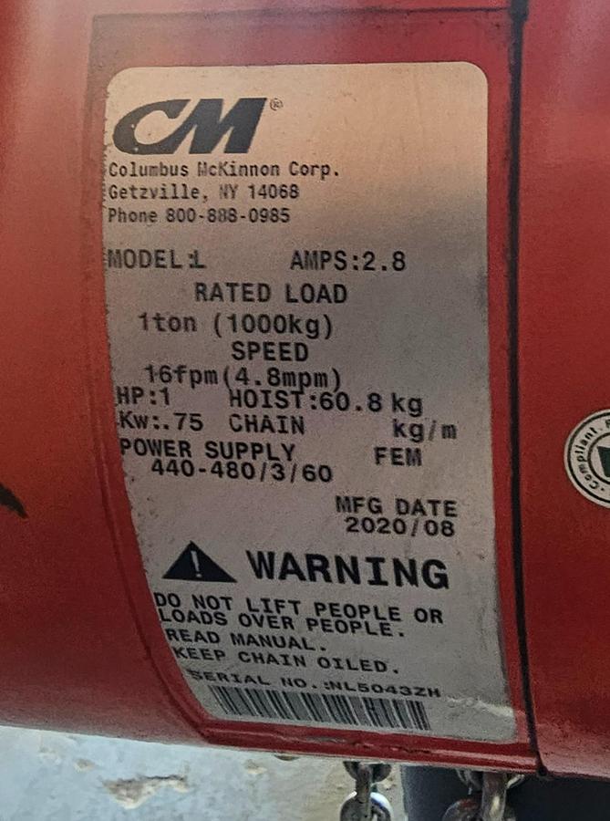 Used 1 Ton Lodestar VS Electric Chain Hoist Model L, 16 FPM Lift Speed, 440-480V 3 Phase