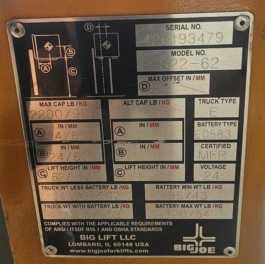 Used Big Joe S22-62 Walk Behind 24 Volt Stacker Lift w/Outriggers