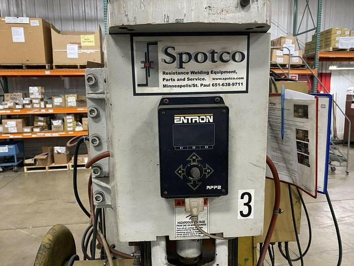 Used Spotco 200 KVA Resistance Type Single Phase Spot Welder 18” Throat Entron Control