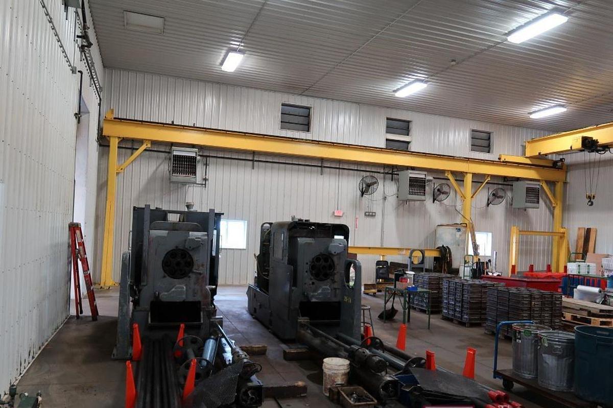 Used 5 Ton Freestanding Overhead Bridge Crane Approx: 60' Span x 60' Runway Spacemaster SX Radio Control Hoist