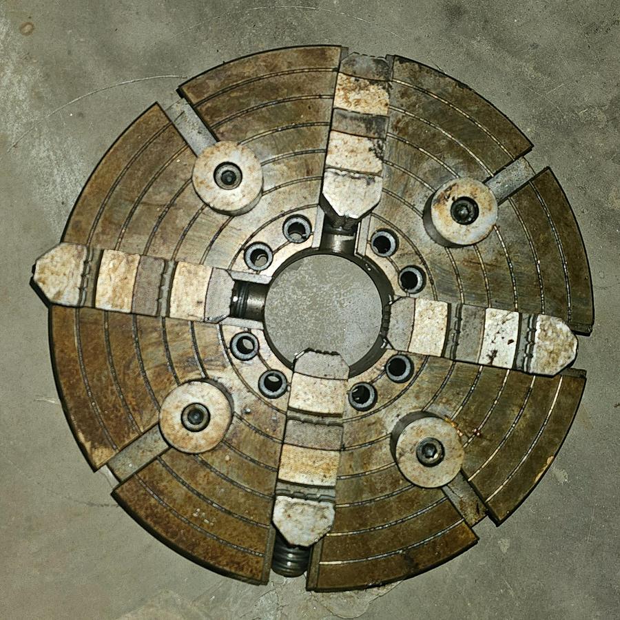 Used 16'' 4-JAW LATHE CHUCK w/CAM LOCK DESIGN, 4'' THRU-HOLE, 4" THICK, FLAT BACK MNT