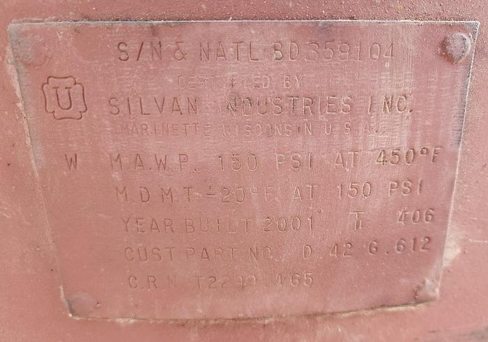Used 2001 Silvan Industries 612 Gallon Vertical Air Tank 150 Psi @ 450*F 