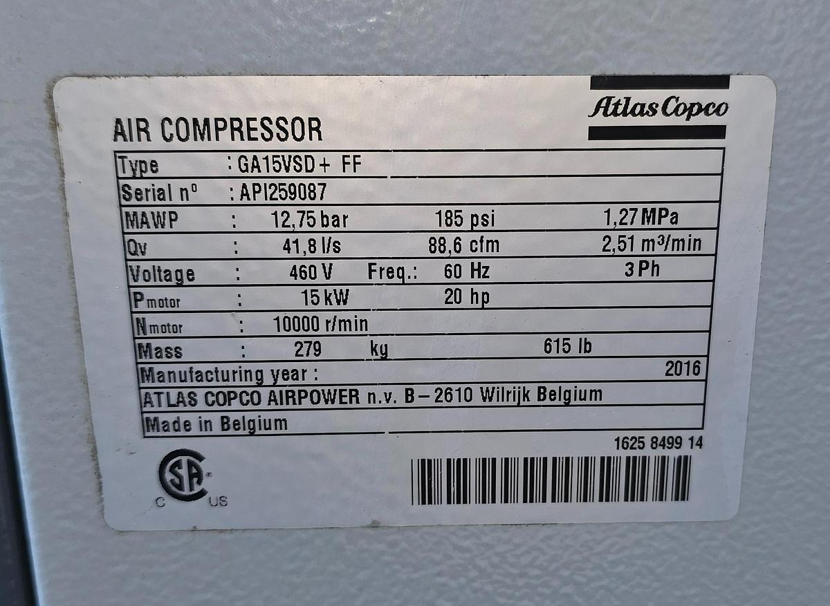Used 2016 Atlas Copco GA15VSD+FF Rotary Screw Air Compressor, 20 Hp - 88.6 CFM