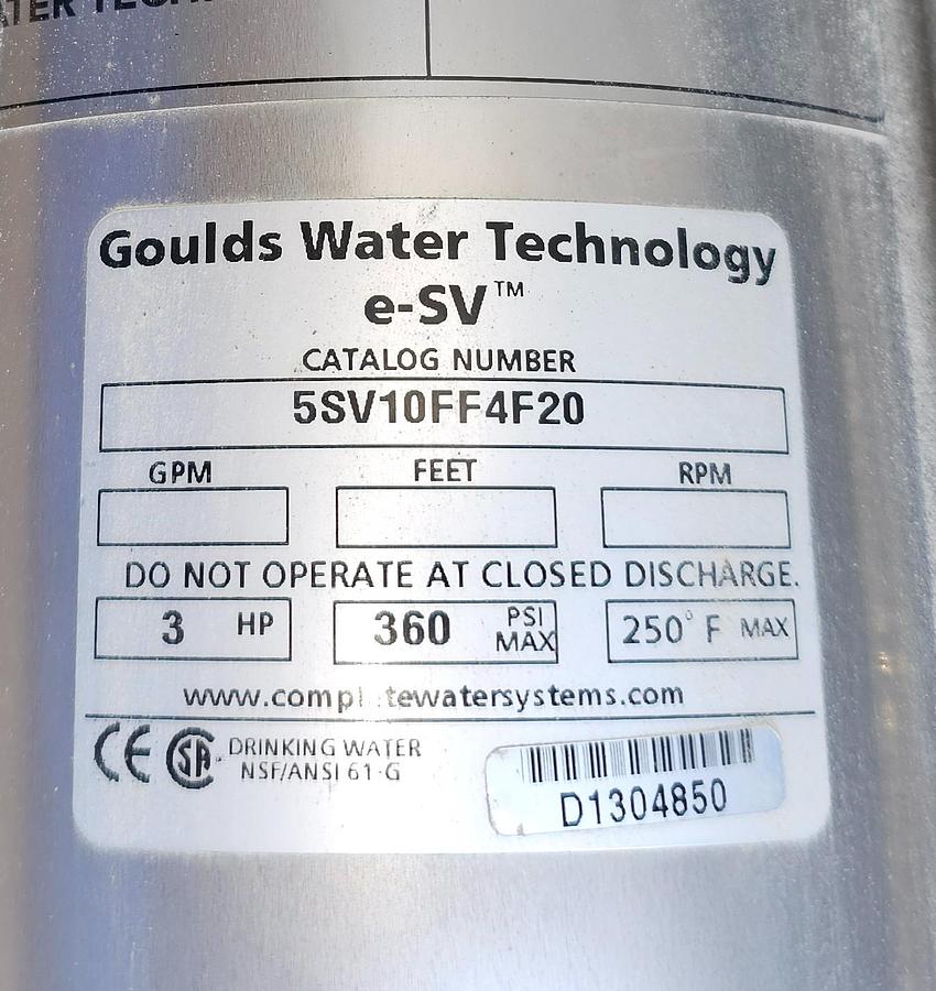 Used 3 Hp Goulds 5SV10FF4F20 Stainless e-SV Series Multi-Stage Pump 
