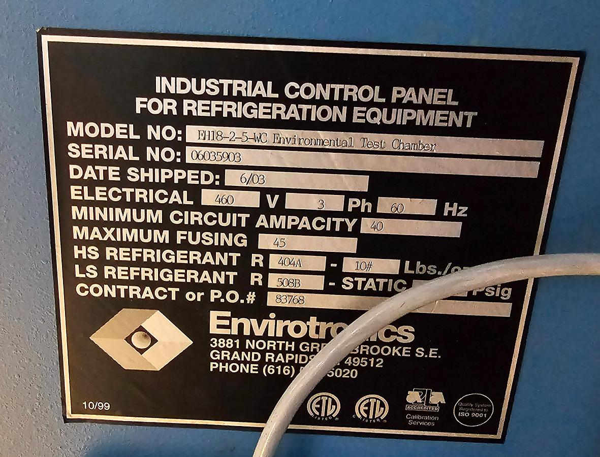 Used Envirotronics EH18-2-5-WC Water Cooled Environmental Test Chamber -54*C to 71*C Temp Range