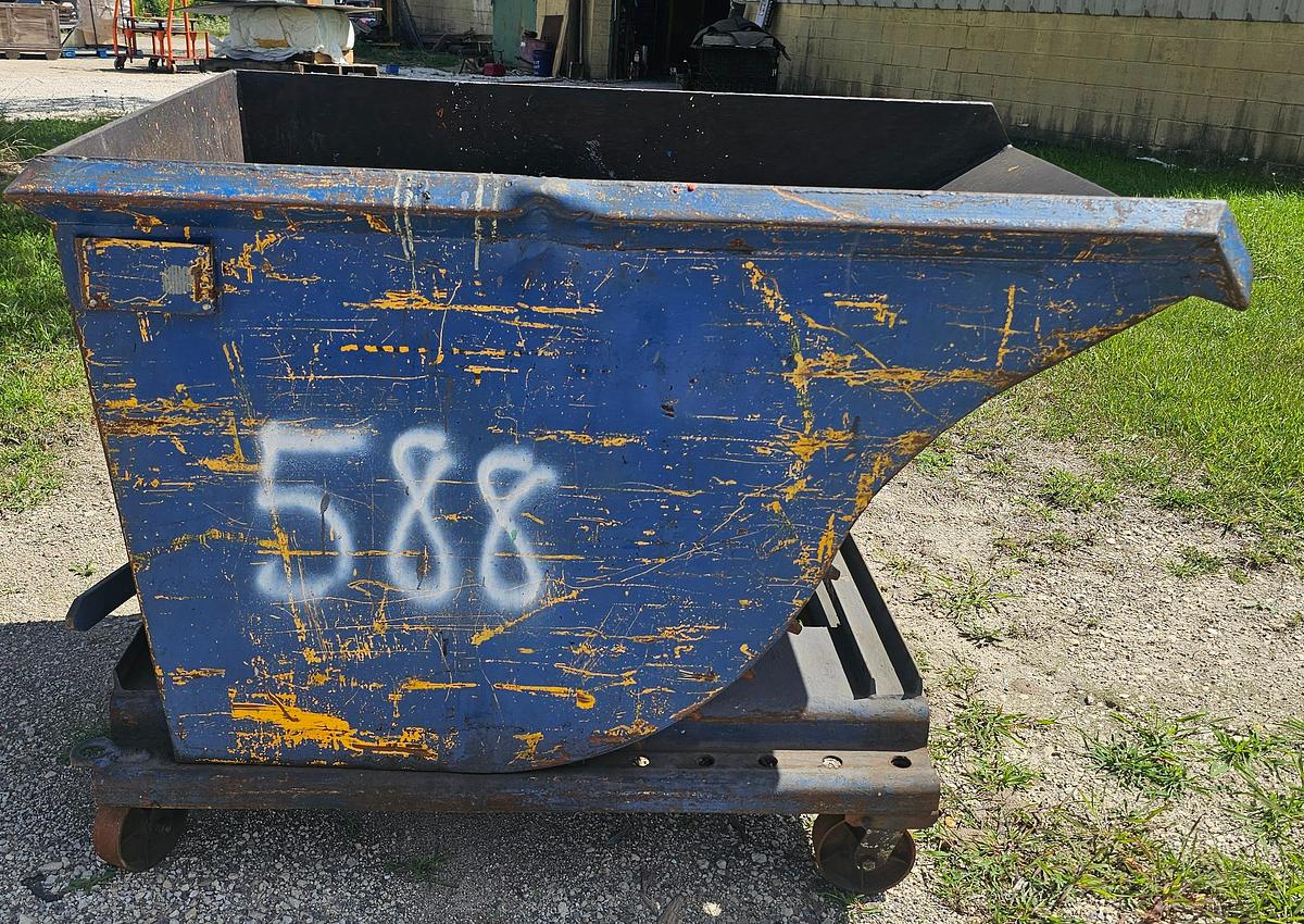 Used 1 Cu. Yard Roura Style Portable Self Dumping Trash Hopper, Castor Mounted 