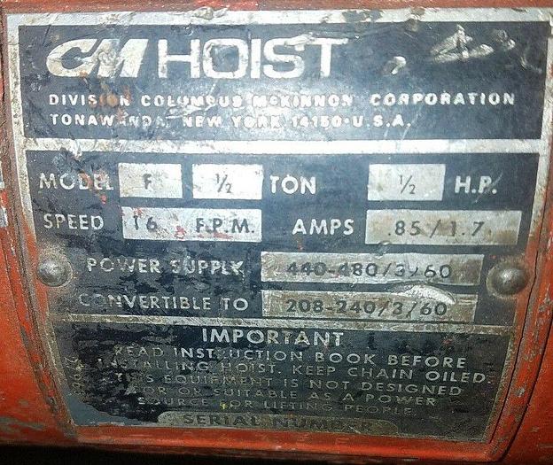 Used 1,000 lb CM #F 1/2 Ton Hoist w/CM Series 633 1/2 Trolley & Pendant 15′ Lift