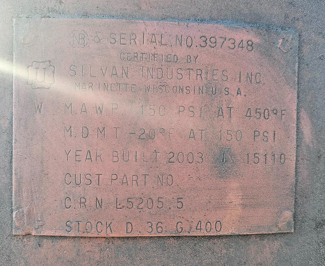 Used 2003 Silvan Industries 400 Gallon Compressed Vertical Air Receiver Tank 150 Psi @ 450*F