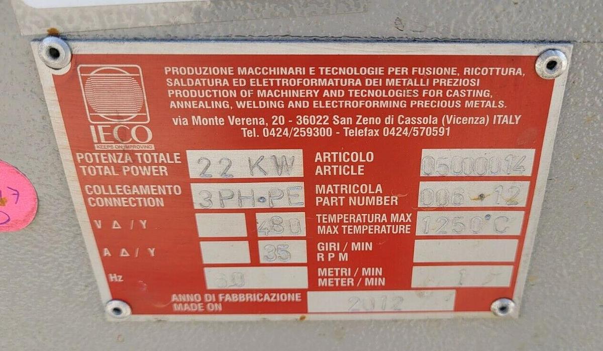 Used 2012 IECO 22kW Precious Metal Induction Furnace | 25kg Capacity | 480V 3-Ph