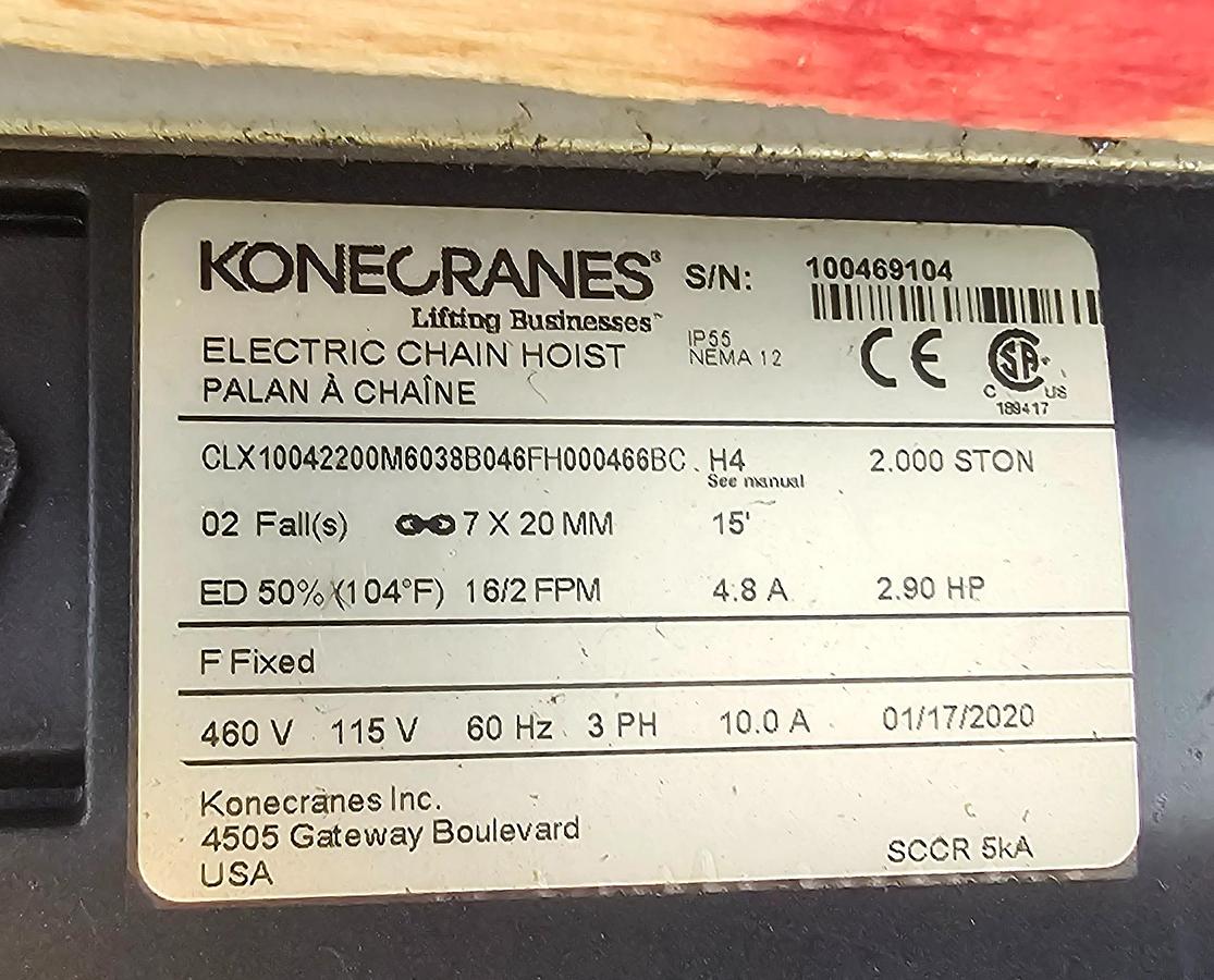Used 2020 Spanco 2 Ton Workstation Crane 17' Span x 34' Runway & 199" High Posts + Konecranes CLX Hoist