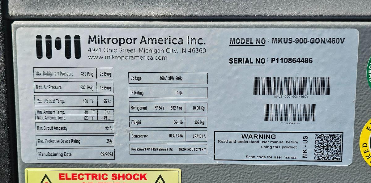 Used 2024 Mikropor 900 CFM Refrigerated Air Dryer MKUS-900-GON/460V | ESD Digital Control