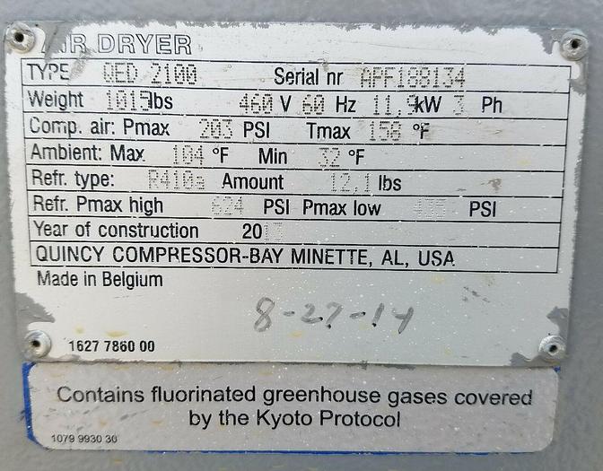 Used 2,100 CFM ‘2013’ Quincy ECODRI – R410A Refrigerated High Efficiency Air Dryer