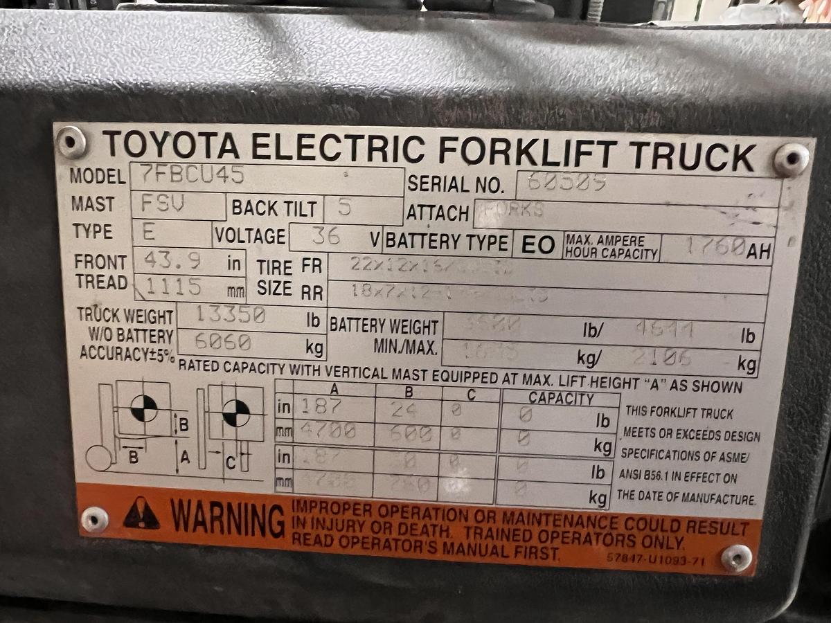 Used 2007 Toyota 7FBCU45 3 Stage Electric Forklift 36 Volt 187" Lift & Energic Plus Charger