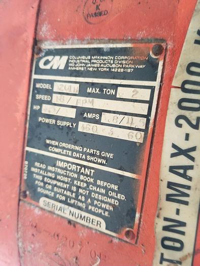 Used 2 Ton CM #5201H Lodestar XL Electric Chain Hoist 460V-3-60, 15′ Lift – 18 FPM