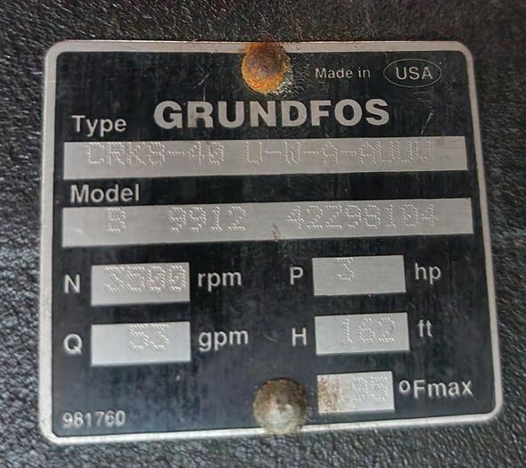 Used Grundfos CRK8-40 U-W-A-AUUV Pump 3 Hp Baldor Motor 53 GPM Flow Rate