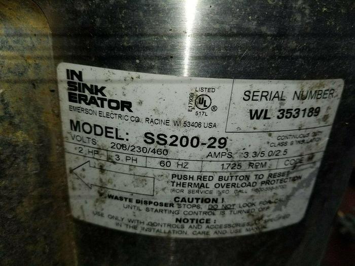 Used Insinkerator Industrial Garbage Disposal Model #SS200-29, 230/460V 3ph