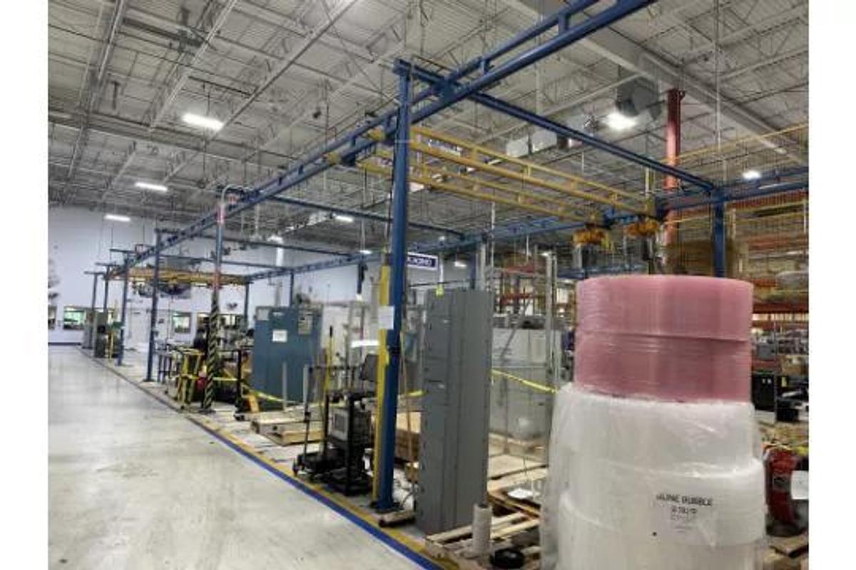 Used 1/2 Ton Gorbel Production Line Workstation Crane w/5x 1000 lb Bridges & 120' Runway & Harrington Hoists
