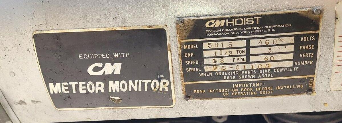 Used CM Chisholm-Moore 5815 1-1/2 Ton Electric Hoist Wire Rope 20' Lift 18 FPM Speed