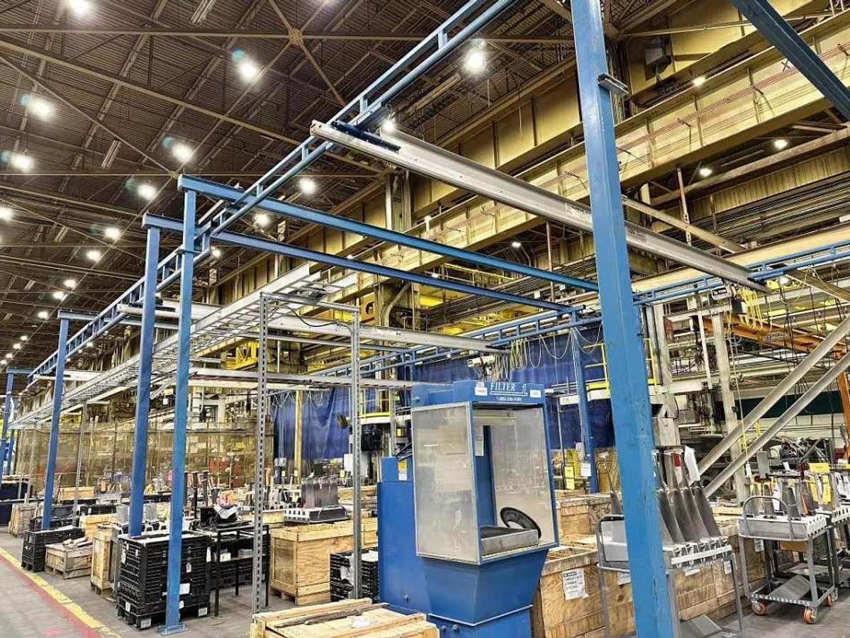 Used 500# Gorbel 32' Span x 23' Runway Freestanding Workstation Crane System & Coffing Hoist