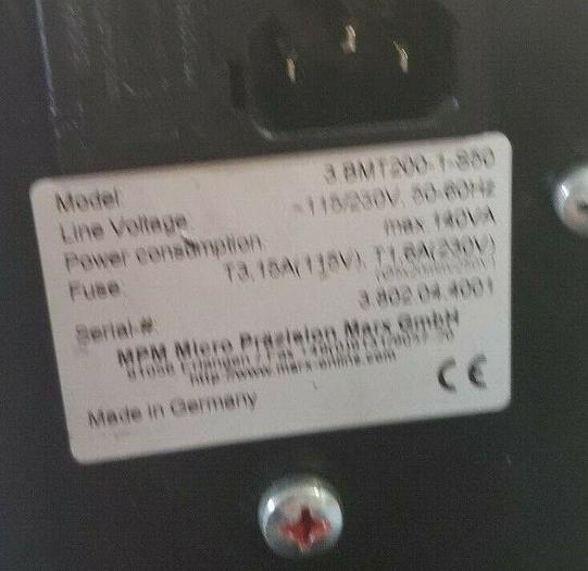 Used MPM Micro Prazision Marx GmbH Balancer Model #: 3.BMT200-1-S50